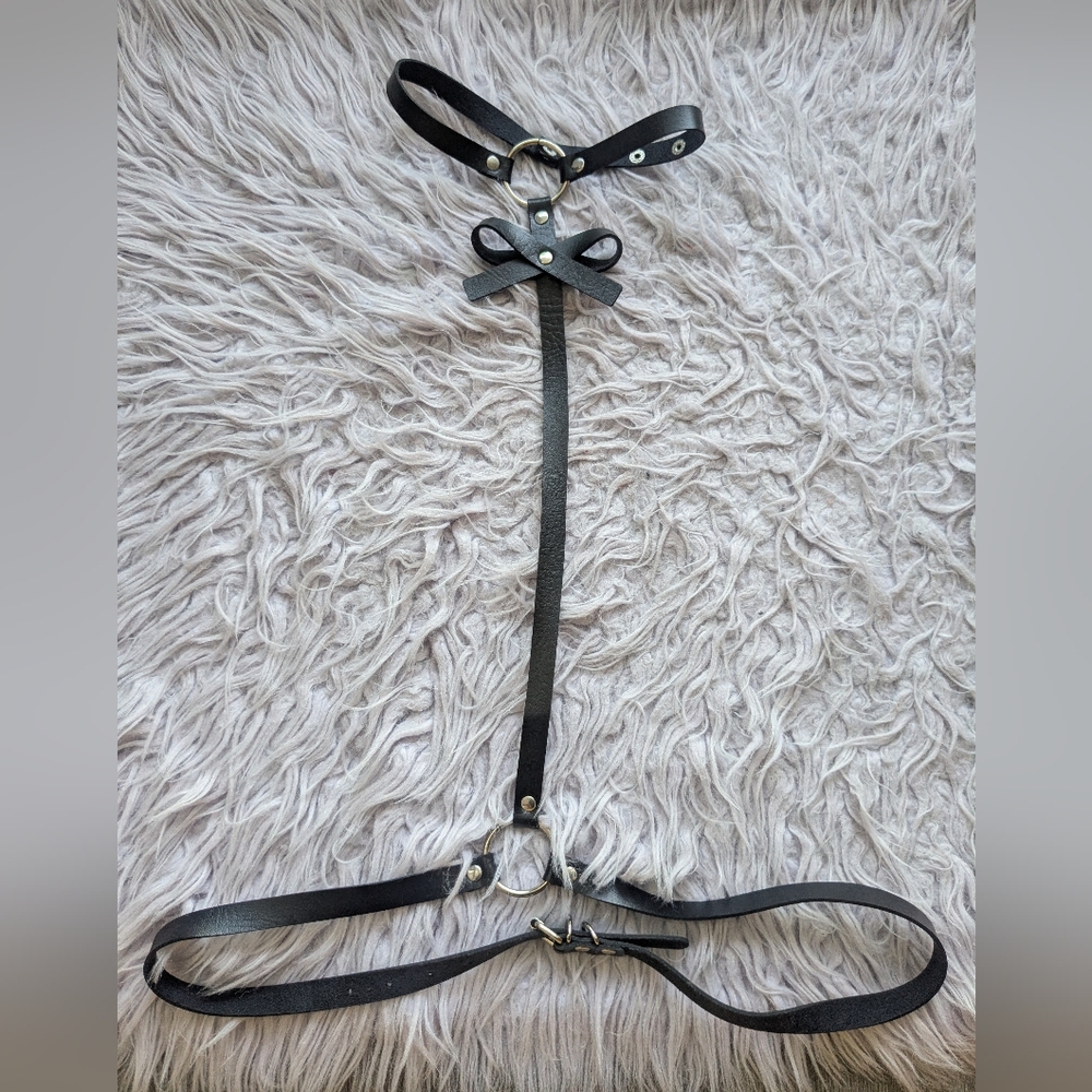 Black Leather Harness with Bow Detail